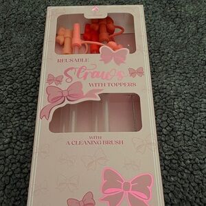 Reusable Pink Silicone Straws with Toppers - Pack
